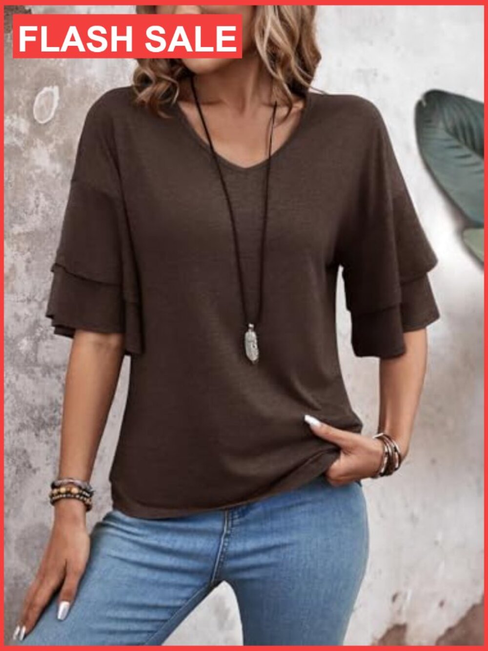 Ruffle Bell Sleeve V-Neck Blouse, 3/4 Sleeve, Polyester Spandex Rayon Blend - Picture 3 of 7